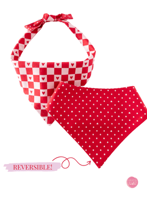 Reversible Dog Bandana | Checkerboard Hearts & Red Pin Dot - Kristin Quinn Creative - Dog Bandana