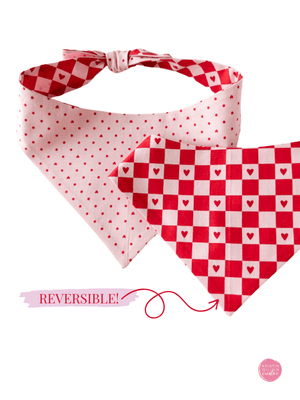 Reversible Dog Bandana | Pink Pin Dot & Checkerboard Hearts - Kristin Quinn Creative - Dog Bandana